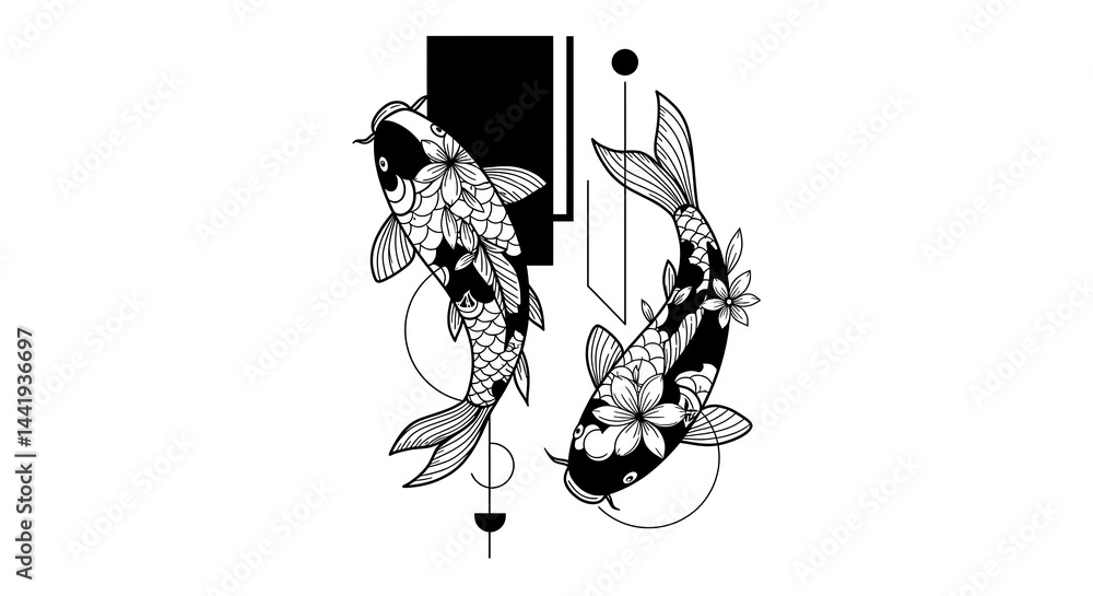 Fototapeta premium Minimalist Graphic Koi Carp Tattoo Design Modern minimalist koi carp tattoo design with geometric shapes and stylized flowers, perfect for branding or tattoo concepts