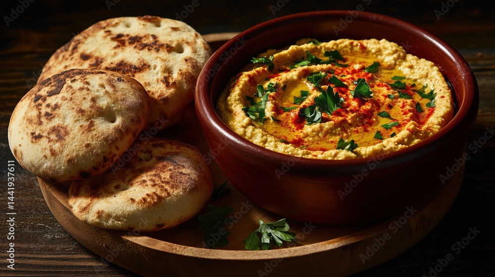 Creamy hummus served with warm pita bread on a rustic wooden table, featuring fresh herbs and spices for flavor Creamy hummus served with warm pita bread on a rustic wooden table, featuring fresh herbs and spices for flavor