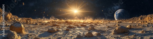 A space scene with a sun in the sky and a planet in the background