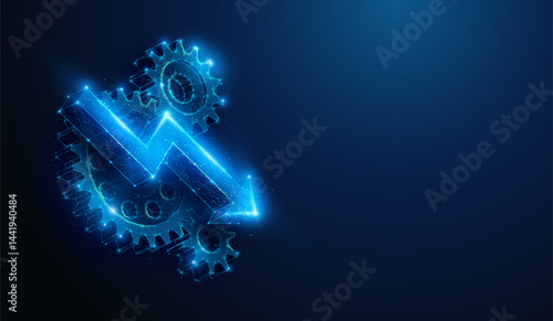 Low Poly Arrow Down over Cogwheels. Abstract illustration on economic stagnation,production performance drop,technological crisis in manufacturing industry concept by wireframe mesh on blue background