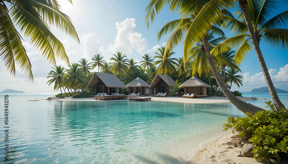 Fototapeta premium Private Island Resort with Crystal Lagoon and Palm Trees