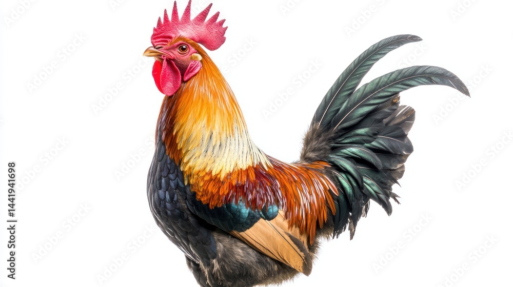 Fototapeta premium A rooster standing tall with a bright red comb, against white