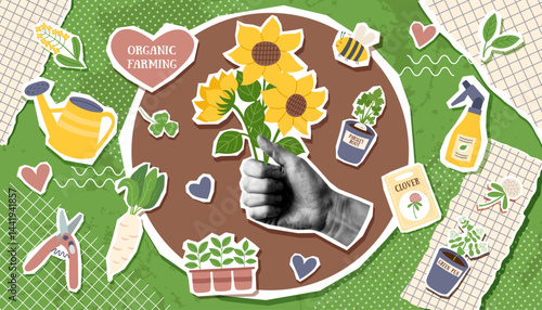 Organic and regenerative farming collage banner with human hand photo holding sunflowers, seeds, garden equipment in pop art style. Spring and gardening trendy background.