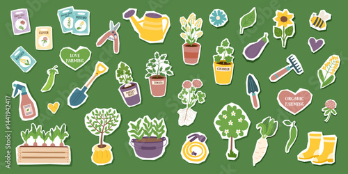 Set of seedlings and garden equipment stickers isolated on green background. Collection of spring and garden concept elements. Vector flat hand drawn cliparts.