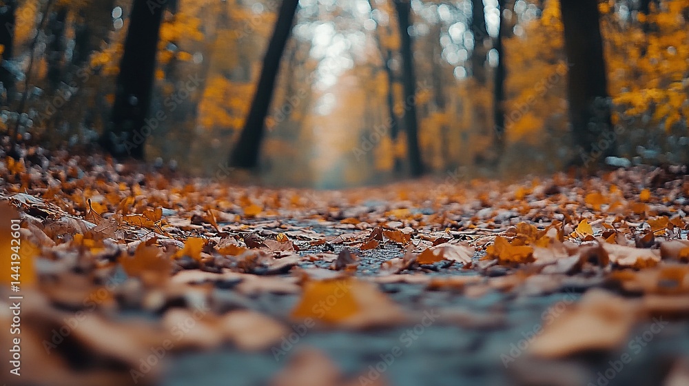 A peaceful autumn forest path covered with golden fallen leaves and warm orange sunlight filtering through the trees. Shallow depth of field creates a dreamy and peaceful atmosphere A peaceful autumn forest path covered with golden fallen leaves and warm orange sunlight filtering through the trees. Shallow depth of field creates a dreamy and peaceful atmosphere