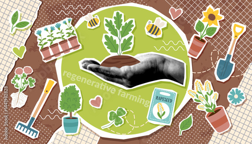 Regenerative farming collage banner with human hand photo holding soil and sapling in pop art style. Spring and gardening trendy background with garden objects.
