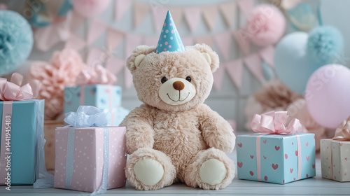 Cute Teddy Bear with Birthday Gifts in Festive Party Setting