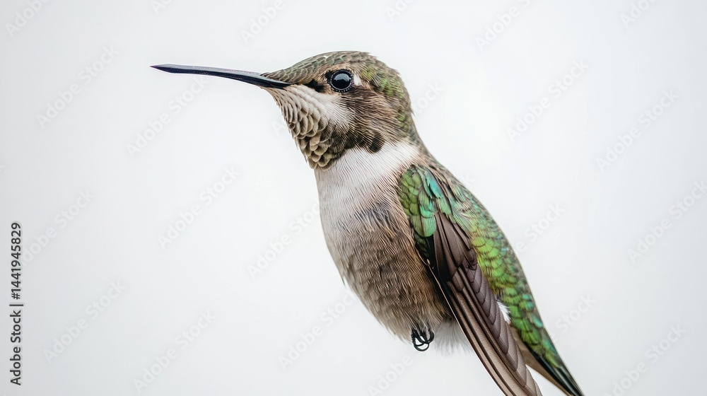 Fototapeta premium A small hummingbird perched with wings folded, against a white backdrop