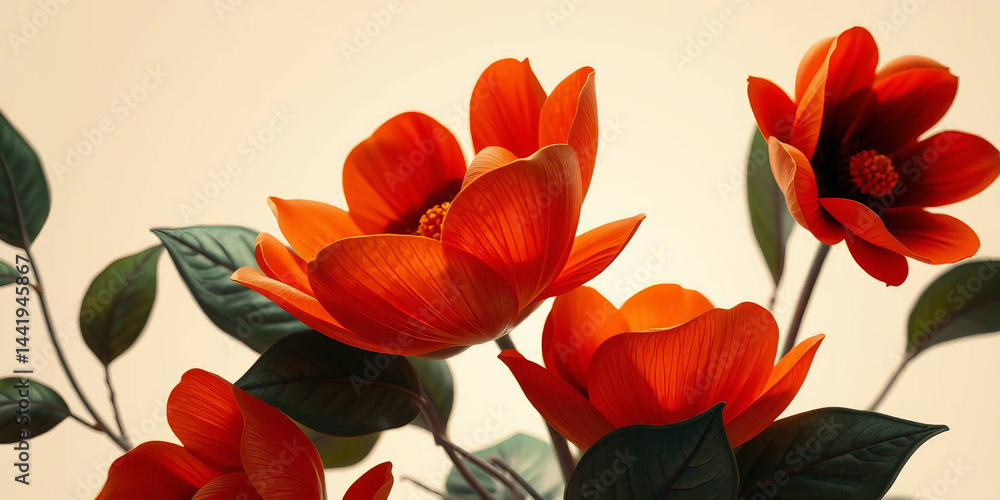 Fototapeta premium a close-up view of several large, abstract flowers with elongated petals in shades of orange and red, contrasted against a backdrop of dark green leaves 