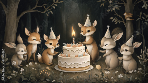 Woodland Animals Celebrating Birthday With Cake and Party Hats in the Forest