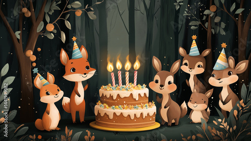Woodland Animals Celebrate a Birthday with Cake and Party Hats in a Forest