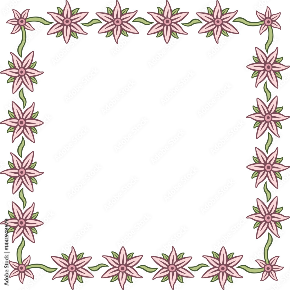 Obraz premium Square garland with pink flowers. Illustration made with flowers on a white background creating a square border.