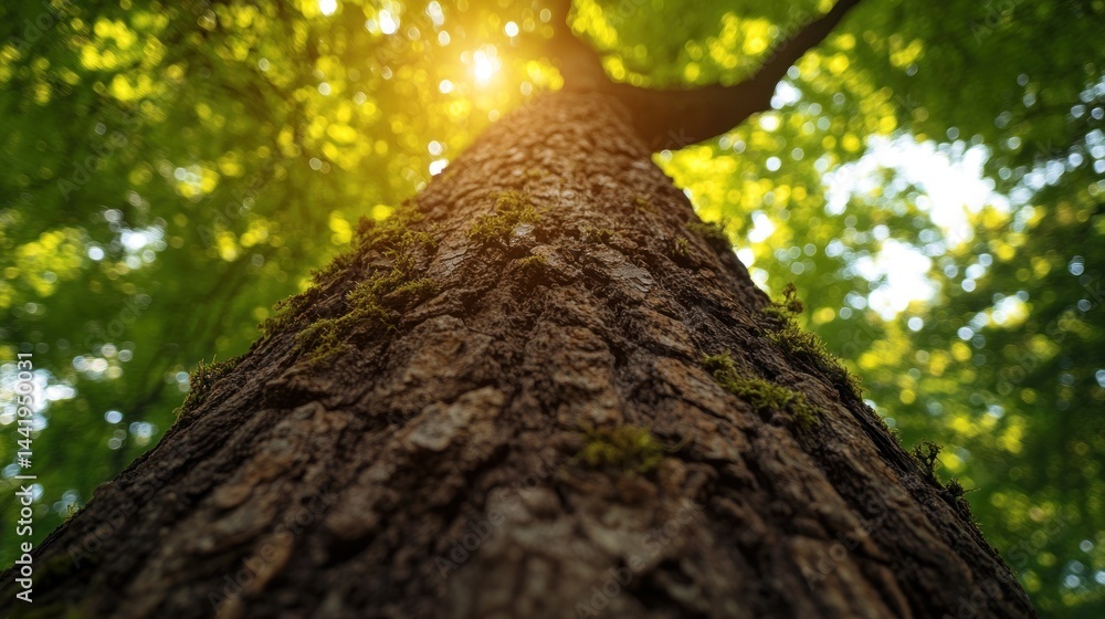 Fototapeta premium Sunlight filters through forest canopy illuminating large tree trunk