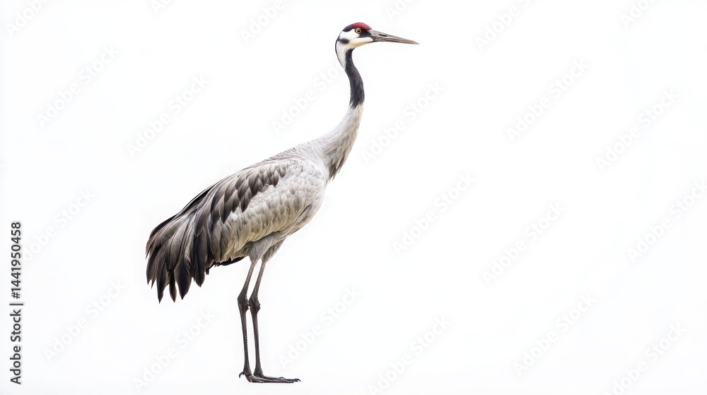 A tall, elegant crane bird standing, isolated on a white background A tall, elegant crane bird standing, isolated on a white background