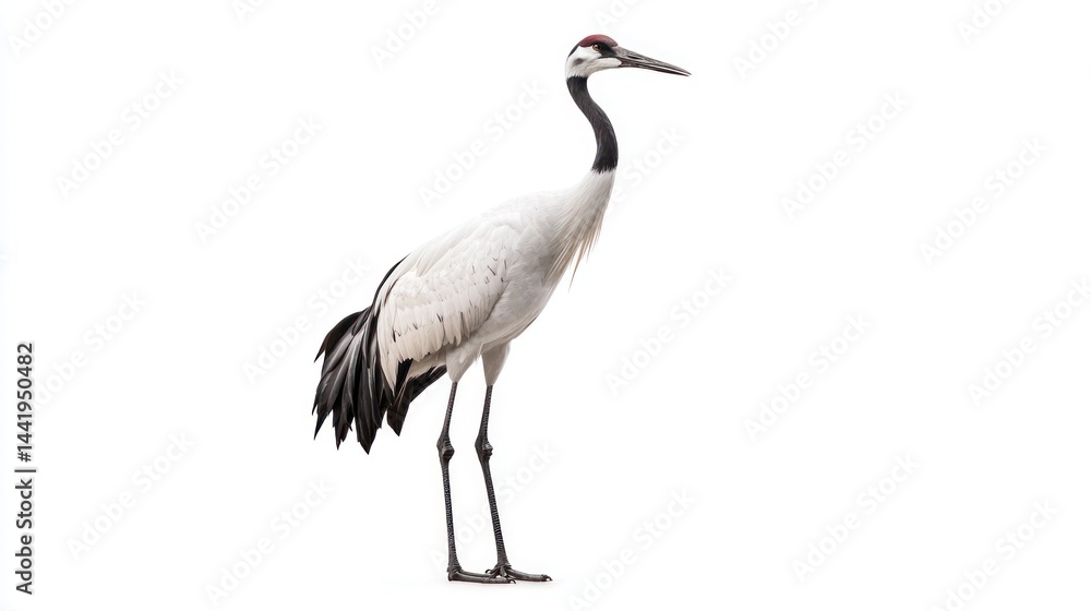 A tall, elegant crane bird standing, isolated on a white background A tall, elegant crane bird standing, isolated on a white background