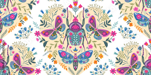 Vector seamless pattern with ornate insects, beetles, butterflies. Folk art floral natural endless background.