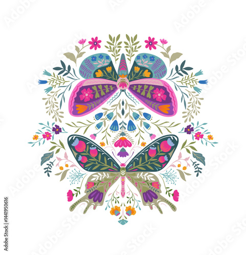 Vector beautiful composition with ornate insects, beetles, butterflies. Folk art floral poster.