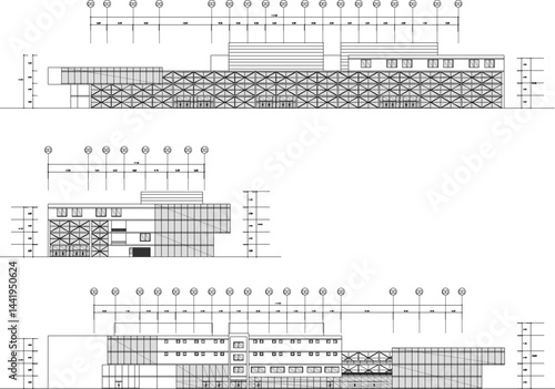 Vector sketch illustration silhouette architectural design floor plan elevation section of modern shopping center building mall supermarket multi-storey