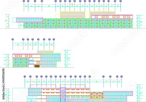 Vector sketch illustration silhouette architectural design floor plan elevation section of modern shopping center building mall supermarket multi-storey