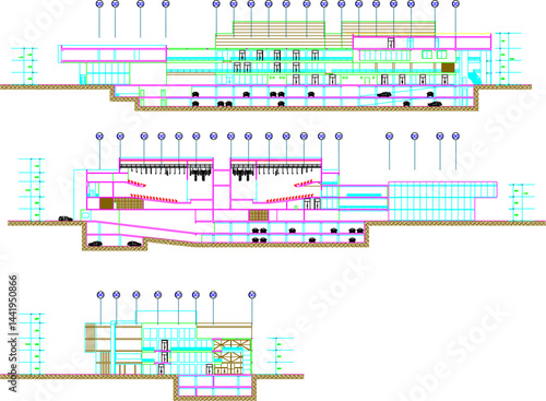 Vector sketch illustration silhouette architectural design floor plan elevation section of modern shopping center building mall supermarket multi-storey 