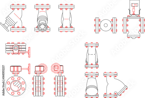 Vector sketch illustration silhouette design collection of pipe fittings with taps for flowing water, oil and gas