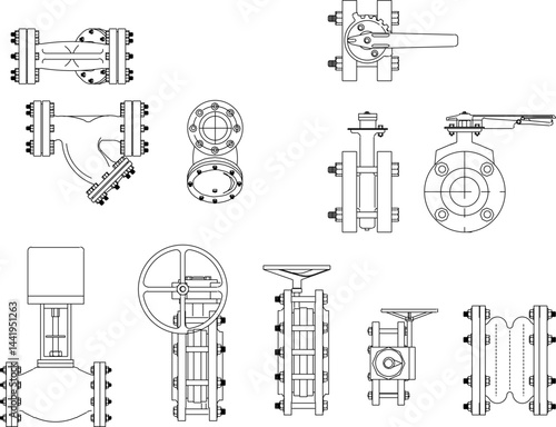Vector sketch illustration silhouette design collection of pipe fittings with taps for flowing water, oil and gas 
