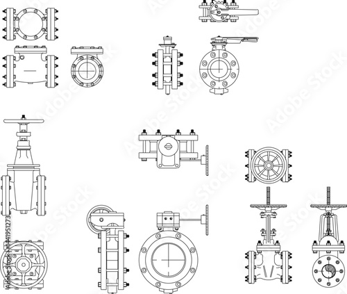 Vector sketch illustration silhouette design collection of pipe fittings with taps for flowing water, oil and gas