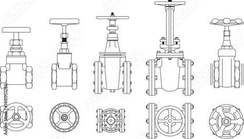 Vector sketch illustration silhouette design collection of pipe fittings with taps for flowing water, oil and gas
