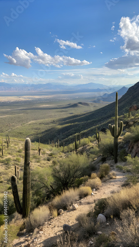 Rugged desert landscape unfolds in southeastern Arizona's Cochise County. featuring iconic saguaro cacti. sandy washes. and vast open ranges under a clear blue sky. photo