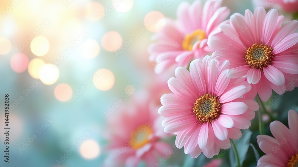 Beautiful pink daisies blooming in a garden setting with soft light and bokeh effects enhancing their vibrant colors Beautiful pink daisies blooming in a garden setting with soft light and bokeh effects enhancing their vibrant colors