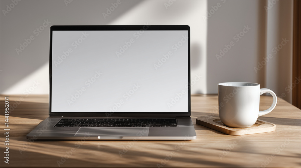Minimalist Workspace with Laptop and Coffee Mug on Wooden Desk, Blank Screen Mockup Collection Minimalist Workspace with Laptop and Coffee Mug on Wooden Desk, Blank Screen Mockup Collection