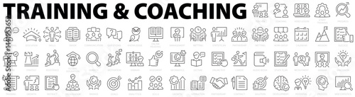 Training and Coaching icons. Coaching line icon set. Training icons collection. Team building, collaboration, teamwork, coaching, problem-solving, education and more. Vector illustration
