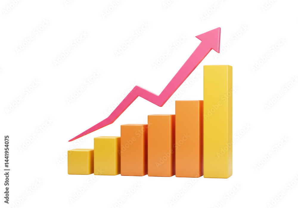 Graphical representation of an upward trending bar chart with arrow isolated on transparent background Graphical representation of an upward trending bar chart with arrow isolated on transparent background