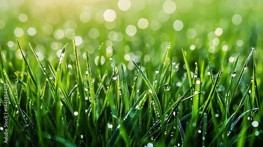 Dewcovered morning grass blades sparkling in golden sunlight Dewcovered morning grass blades sparkling in golden sunlight
