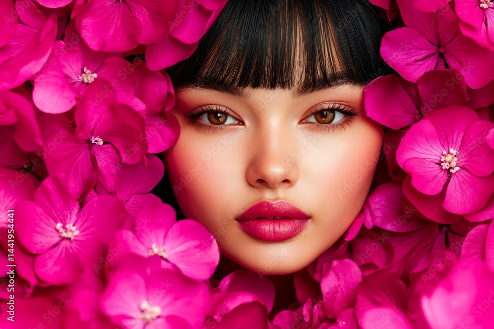 Naklejka premium A woman surrounded by pink flowers with her face covered in flowers