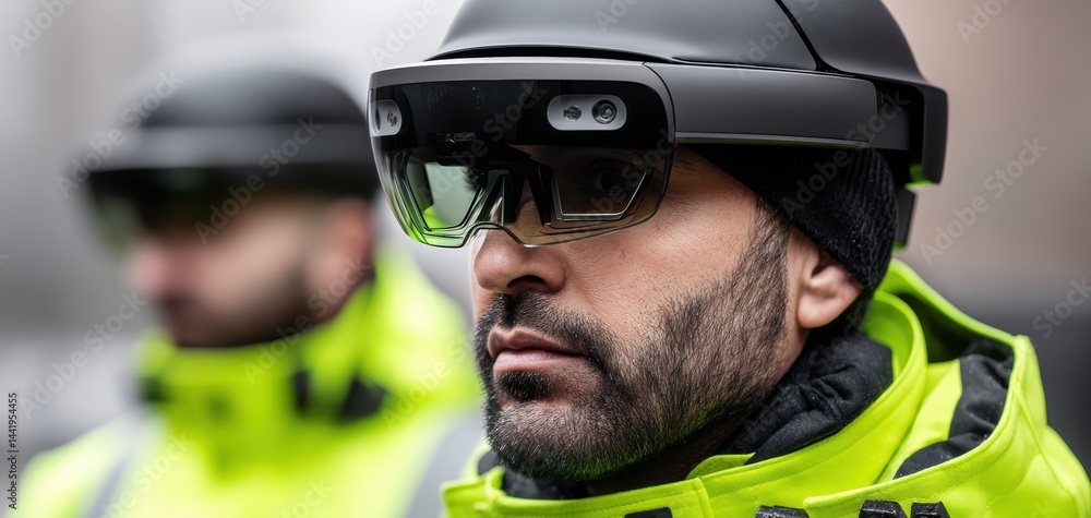 Fototapeta premium Engineers utilize AR headsets to visualize ship structures and facilitate automated installations with holographic guidance.