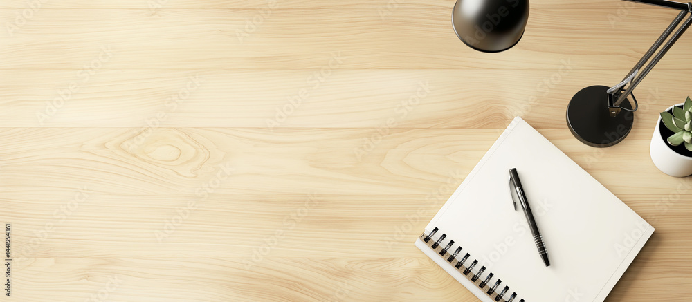 A serene and minimal workspace featuring a notebook and a lamp on a wooden table, ideal for productivity, studying, or creative projects