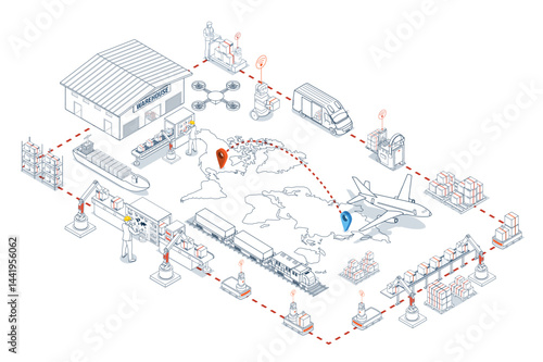 Global logistics network. 3D isometric scenes showing export-import operations via air, road, rail, and cargo services.