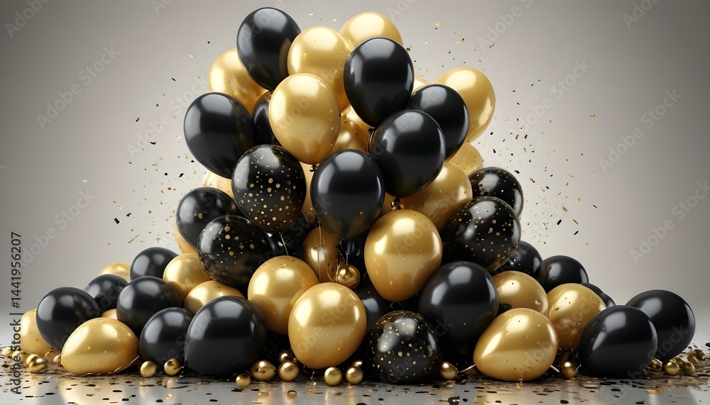 A pile of gold and black balloons with confetti, perfect for celebratory occasions and parties. A pile of gold and black balloons with confetti, perfect for celebratory occasions and parties.