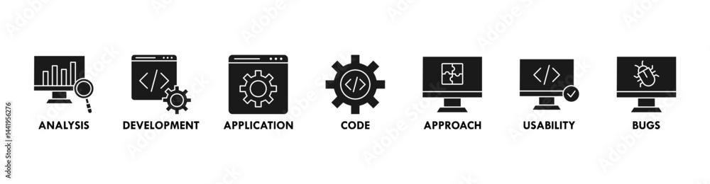 Software testing banner web icon vector illustration concept with icon of analysis, development, application, code, approach, usability, and bugs Software testing banner web icon vector illustration concept with icon of analysis, development, application, code, approach, usability, and bugs