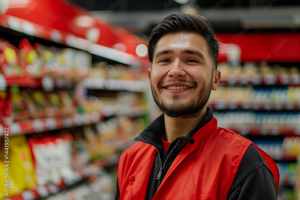 Naklejka premium Generative AI Image of a Smiling Supermarket Worker in the Aisle with Products on Display