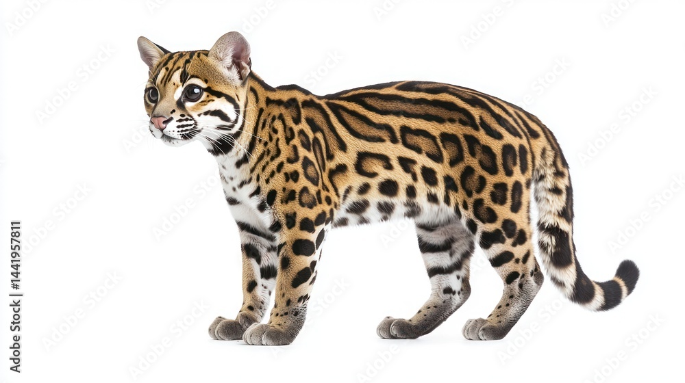 An ocelot standing with its spotted coat, on a white background An ocelot standing with its spotted coat, on a white background