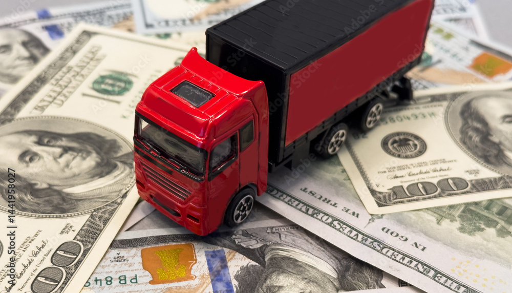 toy truck lie on dollars, space for text.