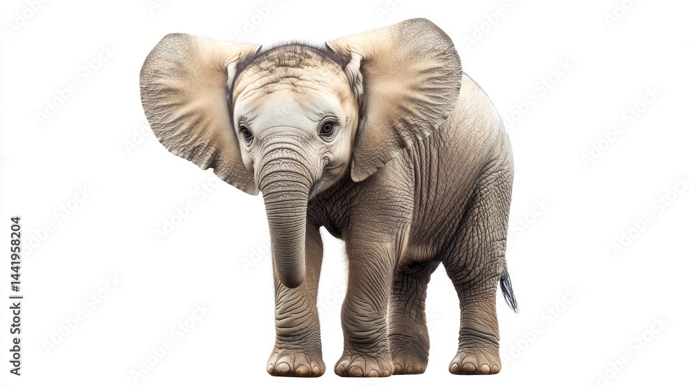 Fototapeta premium A baby elephant standing with big ears, isolated on white