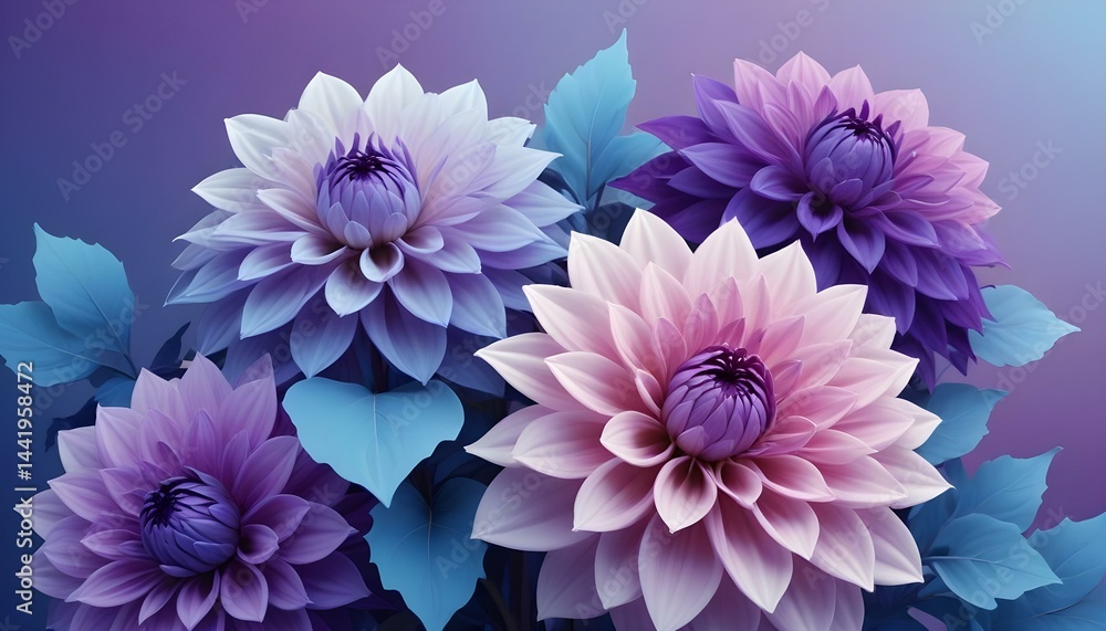 Obraz premium Stunning composition featuring an array of beautifully colored dahlias in full bloom, with lush leaves.