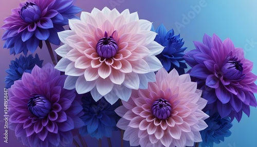 Stunning dahlias in a harmonious palette of purple, pink, and blue create a beautiful scene.