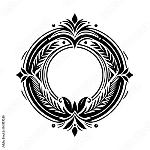 Elegant Black and White Floral Crest, Blank Space for Design