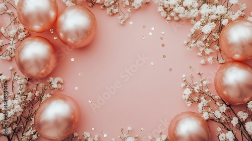 Rose gold balloons and baby's breath flowers on pink background with gold confetti.