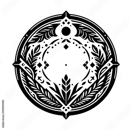 Intricate Black & White Circular Floral Emblem