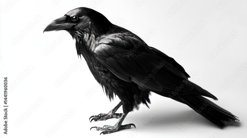 Fototapeta premium A black raven standing with glossy feathers, against a white background